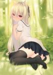  1girl animal_ears bangs blurry blurry_background blush breasts eyebrows_visible_through_hair forest hair_between_eyes highres long_hair looking_at_viewer nature no_shoes original outdoors pleated_skirt red_eyes shirt shokuyou_mogura short_sleeves sitting skirt small_breasts smile solo tail two_side_up white_hair white_shirt 
