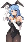  1girl animal_ears black_legwear black_leotard blue_eyes blue_hair breasts bunny_ears bunnysuit cowboy_shot detached_collar double_bun elbow_gloves fake_animal_ears gloves hat highres kantai_collection large_breasts leotard looking_at_viewer neckerchief pantyhose sailor_hat senbei_(senbe_i) simple_background solo strapless strapless_leotard thigh_gap urakaze_(kantai_collection) white_background white_gloves yellow_neckwear 