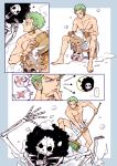  3boys ? abs afro antlers bathing black_hair brook chest creature earrings full_body green_hair highres jewelry male_focus multiple_boys muscle niwatori_bosori one_piece pectorals reindeer roronoa_zoro scar skeleton smile thinking tony_tony_chopper underwear underwear_only 