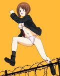  1girl a1 ankle_boots barbed_wire black_footwear black_jacket black_legwear boots bra brown_eyes brown_hair chain-link_fence commentary crotch_seam eyebrows_visible_through_hair fence girls_und_panzer jacket jumping kuromorimine_military_uniform long_sleeves military military_uniform navel nishizumi_miho no_pants ooarai_school_uniform open_mouth orange_background panties school_uniform short_hair simple_background smile socks solo underwear uniform white_bra white_panties 