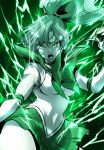  1girl bishoujo_senshi_sailor_moon breasts choker commentary_request elbow_gloves electricity epic floating_hair forehead_jewel gloves green_choker green_eyes green_sailor_collar green_skirt green_theme high_ponytail inner_senshi kino_makoto marimo_(yousei_ranbu) medium_breasts open_mouth powering_up sailor_collar sailor_jupiter sailor_senshi shouting skirt solo thighs tiara tsurime white_gloves 
