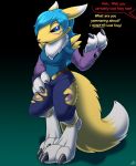  after_transformation anthro blue_eyes blue_hair canid canine catmonkshiro claws clothing digimon digimon_(species) female fingers fur gloves hair handwear hi_res mammal renamon solo standing torn_clothing transformation tuft white_body white_fur yellow_body yellow_fur 