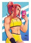  1girl artist_name biceps bike_shorts border brigitte_(overwatch) brown_eyes brown_hair cellphone collaboration d.va_(overwatch) forehead freckles gloves hair_ornament hairclip holding holding_phone iahfy lips long_hair messy_hair muscle muscular_female navel outside_border overwatch phone ponytail self_shot shorts shoulder_tattoo sidelocks single_glove smartphone sports_bra stomach taking_picture tattoo thick_eyebrows vashperado white_border yellow_shorts yellow_sports_bra 