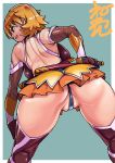  1girl :p action_taimanin ass back backboob bare_shoulders blonde_hair blue_eyes breasts brown_legwear elbow_gloves fishnet_gloves fishnets gloves igawa_sakura neone partially_visible_vulva sheath sheathed short_hair smile solo sword taimanin_(series) thighhighs tongue tongue_out weapon 