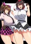  2girls arm_behind_back black_hair book breasts brown_eyes brown_hair commentary gigantic_breasts highres himekaidou_hatate kloah long_hair looking_at_viewer looking_down multiple_girls necktie panties pencil red_eyes shameimaru_aya short_hair skirt smile thick_thighs thighs touhou twintails underwear white_panties 