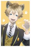 1boy absurdres animal_ears bangs blazer blonde_hair blue_eyes border brown_hair buttons claw_pose collared_shirt commentary diagonal-striped_neckwear diagonal_stripes face fangs gem hair_between_eyes hand_up highres hyena_boy hyena_ears jacket kinaco_4738 long_sleeves looking_at_viewer male_focus necktie open_mouth orange_background paw_print ruggie_bucchi shirt smile solo striped striped_neckwear teeth twisted_wonderland upper_body vest white_border 