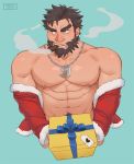  1boy abs bara beard black_hair cerberus_arts chest cigar ded_(tokyo_houkago_summoners) facial_hair gift green_eyes male_focus manly muscle nipples partially_undressed pectorals revealing_clothes santa_costume solo tokyo_houkago_summoners undressing upper_body 