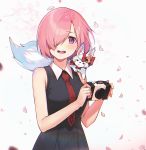  1girl :d animal_on_shoulder bangs bare_arms bare_shoulders black_dress blush bow breasts camera cherry_blossoms collared_dress commentary_request dress eyebrows_visible_through_hair fate/grand_order fate_(series) fou_(fate/grand_order) hair_over_one_eye holding looking_at_viewer mash_kyrielight nagu necktie number open_mouth petals pink_hair purple_eyes red_bow red_neckwear round_teeth shiny shiny_hair short_hair signature sleeveless sleeveless_dress smile teeth upper_body wing_collar 