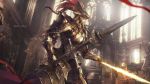  1boy armor armored_dress blurry blurry_background church commentary_request copyright_name cowboy_shot dark_souls dragon_slayer_ornstein electricity faulds fighting_stance full_armor gauntlets gold_armor helmet holding holding_spear holding_weapon knight looking_away magic male_focus mono_(jdaj) pauldrons plate_armor plume polearm shoulder_armor solo souls_(from_software) spear standing statue sunlight vambraces weapon window 
