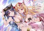  2girls akatsuki_hijiri bangs bikini black_hair blonde_hair blush breasts earrings ereshkigal_(fate/grand_order) eyewear_on_head fate/grand_order fate_(series) hoop_earrings ishtar_(fate)_(all) ishtar_(fate/grand_order) jewelry large_breasts long_hair looking_at_viewer multiple_girls one_eye_closed open_mouth red_bikini red_eyes smile sunglasses swimsuit thighs two_side_up white_bikini 