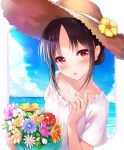  1girl bangs black_hair blue_sky blush bouquet cloud cloudy_sky collarbone commentary_request day dress eyebrows_visible_through_hair flower folded_ponytail hair_ribbon hand_up hat hat_flower hibiscus holding holding_bouquet kaguya-sama_wa_kokurasetai_~tensai-tachi_no_renai_zunousen~ looking_at_viewer ocean open_mouth outdoors parted_bangs parted_lips pink_flower red_eyes red_flower red_ribbon revision ribbon shinomiya_kaguya short_hair short_sleeves sky solo straw_hat sun_hat tatenayua upper_body water white_dress white_flower yellow_flower 