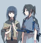  2girls alternate_costume bangs blue_background blue_eyes blue_hair blue_ribbon blush bow brown_eyes clarinet closed_mouth commentary_request eyebrows_visible_through_hair grey_hair hair_between_eyes hibike!_euphonium holding holding_instrument instrument japanese_clothes kasaki_nozomi katana kimono liz_to_aoi_tori long_hair long_sleeves looking_at_another multiple_girls ponytail ree_(re-19) ribbon short_sleeves sidelocks simple_background smile standing sword upper_body weapon wide_sleeves wristband yoroizuka_mizore 