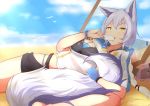  1girl absurdres animal_ears arknights bangs beach blue_gloves blue_sky breasts cleavage cloud commentary_request day food gloves highres hinanawi_mika holding holding_food large_tail looking_at_viewer lying on_back outdoors popsicle provence_(arknights) short_hair silver_hair single_glove sky solo tail wolf_ears wolf_tail yellow_eyes 