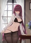  1girl aiko_(kanl) arm_support black_bra black_panties blue_flower blurry bra breasts brown_legwear cleavage clothes_lift cowboy_shot curtains depth_of_field fate/grand_order fate_(series) flower grey_sweater highres indoors large_breasts lifted_by_self long_hair long_sleeves looking_at_viewer mouth_hold navel panties pantyhose pantyhose_pull purple_hair red_eyes ribbed_sweater scathach_(fate)_(all) scathach_(fate/grand_order) skindentation solo standing stomach string_panties sweater sweater_lift table thighband_pantyhose underwear very_long_hair window 