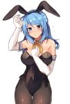  1girl animal_ears between_breasts black_legwear black_leotard blue_eyes blue_hair blush breasts bunny_ears bunnysuit cowboy_shot detached_collar double_bun elbow_gloves fake_animal_ears gloves hat highres kantai_collection large_breasts leotard looking_at_viewer neckerchief pantyhose sailor_hat senbei_(senbe_i) simple_background solo strapless strapless_leotard sweatdrop thigh_gap urakaze_(kantai_collection) white_background white_gloves yellow_neckwear 