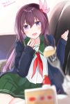  1girl blue_jacket blurry brown_hair cake cake_slice couch cowboy_shot crescent crescent_moon_pin dated depth_of_field food fork fruit green_sailor_collar green_skirt highres jacket kantai_collection kisaragi_(kantai_collection) long_hair looking_at_viewer neckerchief purple_eyes red_neckwear remodel_(kantai_collection) sailor_collar school_uniform serafuku simple_background skirt smile solo strawberry strawberry_shortcake twitter_username white_background yunamaro 