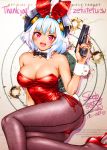  1girl animal_ears back-seamed_legwear ballpoint_pen_(medium) black_legwear breasts bunny_ears bunny_girl bunnysuit cleavage commentary_request fishnet_legwear fishnets gun handgun high_heels highres leotard looking_at_viewer maguta medium_breasts original red_eyes red_footwear red_leotard seamed_legwear short_hair smile solo strap_slip target traditional_media weapon weapon_request white_hair 