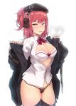  1girl absurdres beret breasts candy food girls_frontline hat heavy_breathing highres lollipop medium_breasts medium_hair mp7_(girls_frontline) partially_unbuttoned partially_undressed red_hair shiny shiny_skin solo sweatdrop yellow_eyes yellowseeds 