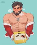  1boy abs ahegao bara beard black_hair blush cerberus_arts chest cigar cum cum_pool ded_(tokyo_houkago_summoners) erection facial_hair gift green_eyes male_focus manly muscle nipples partially_undressed pectorals penis revealing_clothes santa_costume solo tokyo_houkago_summoners tongue tongue_out undressing upper_body 