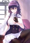  1girl absurdres azuma_(azur_lane) azur_lane black_gloves bra bra_peek breasts center_opening cleavage eyebrows_visible_through_hair flower gloves hair_flower hair_ornament hairpin highres jacket jacket_on_shoulders large_breasts long_hair looking_at_viewer pantyhose pleated_skirt purple_hair skirt solo sorayo_noriyuki underwear white_bra white_skirt yellow_eyes 