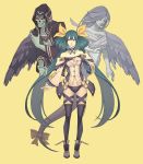  1boy 2girls ass_visible_through_thighs asymmetrical_wings bangs bare_shoulders belt black_panties boots breasts choker cleavage collarbone detached_sleeves dizzy_(guilty_gear) fukai_rei full_body guilty_gear guilty_gear_xrd hair_between_eyes hair_ribbon hair_rings highres hip_bones midriff monster_girl multiple_girls navel necro_(guilty_gear) open_mouth panties ribbon simple_background skull tail tail_ribbon thigh_strap thighhighs twintails underwear undine_(guilty_gear) wings yellow_background yellow_ribbon 