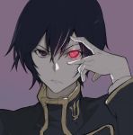  1boy black_jacket code_geass geass hand_over_eye jacket lelouch_lamperouge long_sleeves looking_at_viewer male_focus parted_lips purple_background purple_eyes purple_hair shirabi solo upper_body 