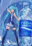  1girl absurdres aqua_eyes aqua_hair bangs blue_background blue_footwear blue_shirt boots bottle hair_between_eyes hair_ornament hair_ribbon hatsune_miku highres kaamin_(mariarose753) long_hair necktie pleated_skirt pocari_sweat ribbon shirt skirt sleeveless sleeveless_shirt smile solo standing thigh_boots thighhighs twintails vocaloid white_neckwear white_skirt 