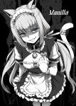  1girl animal_ears apron bangs bell blue_eyes bow breasts cat_ears cat_tail character_name ebiblue eyebrows_visible_through_hair gesugao greyscale grin long_hair looking_at_viewer monochrome nekopara puffy_short_sleeves puffy_sleeves ribbon shaded_face short_sleeves slit_pupils small_breasts smile solo spot_color tail thighhighs twintails vanilla_(nekopara) very_long_hair waitress 