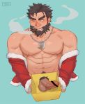  1boy abs bara beard black_hair blush cerberus_arts chest cigar ded_(tokyo_houkago_summoners) erection facial_hair gift green_eyes male_focus manly muscle nipples partially_undressed pectorals penis revealing_clothes santa_costume solo testicles tokyo_houkago_summoners undressing upper_body 