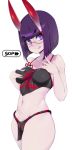  1girl :p absurdres bespectacled black_fundoshi bob_cut breasts collarbone commentary english_commentary eyebrows_visible_through_hair fate/grand_order fate_(series) fundoshi glasses highres horns japanese_clothes looking_at_viewer medium_breasts navel oni oni_horns pale_skin purple_eyes shuten_douji_(fate/grand_order) simple_background slugbox solo stomach tongue tongue_out white_background 