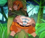  1girl against_tree ass ass_grab bent_over breasts capelet censored disembodied_limb from_behind green_capelet gym_leader looking_at_viewer mosaic_censoring natane_(pokemon) orange_eyes orange_hair panties pants_down partially_visible_vulva pokemon pokemon_(game) pokemon_dppt pussy ryunryun short_hair smile solo_focus spread_pussy spread_pussy_under_clothes striped striped_panties tree underwear vegetation wet wet_clothes wet_panties 