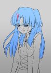  1girl absurdres blue_hair brooch chtholly_nota_seniorious crying flat_chest grey_background highres jewelry long_hair long_sleeves mountain_han multicolored_hair shuumatsu_nani_shitemasu_ka? simple_background solo spot_color streaked_hair tears two_side_up upper_body 