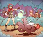  animal_costume bandana bangs basket black_gloves black_hair blonde_hair blue_eyes blue_hair clark_still cosplay dress eyepatch food forest gloves grandma green_jacket gun haginoco hat heidern jacket leona_heidern little_red_riding_hood_(grimm) little_red_riding_hood_(grimm)_(cosplay) multiple_persona nature pink_dress ralf_jones red_hood rifle soldier sunglasses the_king_of_fighters weapon wolf_costume 