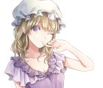 1girl alternate_costume blonde_hair closed_mouth dress eyebrows_visible_through_hair hair_between_eyes hat looking_at_viewer maribel_hearn mob_cap one_eye_closed poteimo_(poteimo622) purple_dress purple_eyes simple_background smile solo touhou upper_body white_background 