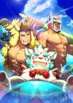  3boys abs agyo_(tokyo_houkago_summoners) algernon_(tokyo_houkago_summoners) ball bara beard blue_eyes brown_hair chest cloud day english_text facial_hair fang food fruit furry gullinbursti_(tokyo_houkago_summoners) hat helmet holding holding_ball looking_at_viewer male_focus manly multiple_boys muscle navel nipples on_shoulder open_mouth outdoors pectorals red_eyes signature sitting sky smile standing star_(symbol) swimsuit teeth tokyo_houkago_summoners umbrella umbrella_on_arm veins waku_(ayamix) watermelon wet yellow_sclera 