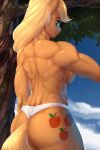  absurd_res anthro anthrofied applejack_(mlp) bodily_fluids breasts butt clothed clothing cutie_mark equid equine female friendship_is_magic hi_res longinius mammal muscular muscular_female my_little_pony outside rear_view side_boob sweat thong topless underwear vest_(artist) 
