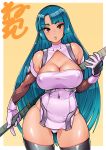  1girl bangs bare_shoulders black_legwear blue_hair blunt_bangs breasts cleavage covered_nipples elbow_gloves eyebrows_visible_through_hair fishnet_gloves fishnets gloves holding holding_sword holding_weapon katana looking_at_viewer neone red_eyes sheath sheathed solo sword taimanin_(series) taimanin_murasaki thighhighs weapon yatsu_murasaki 