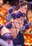  1girl animal_ears blush breasts claws cosplay dangerous_beast elbow_gloves fang fate/grand_order fate_(series) fur-trimmed_gloves fur-trimmed_legwear fur_collar fur_trim gloves halloween_costume idolmaster idolmaster_cinderella_girls lace lace-trimmed_legwear large_breasts looking_at_viewer mash_kyrielight mash_kyrielight_(cosplay) navel nitta_minami o-ring o-ring_top open_mouth purple_gloves purple_legwear revealing_clothes sakamuke solo tail thighhighs wolf_ears wolf_girl wolf_tail 