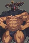  1boy abs bara bulge chest cloak glowing glowing_eye granblue_fantasy hands_on_hips helmet looking_at_viewer male_focus male_pubic_hair muscle navel nipples pectorals pubic_hair rybiokaoru solo thick_thighs thighs underwear underwear_only upper_body vaseraga 