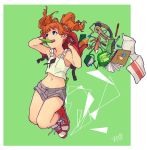  animal_bag artist_name backpack bag blue_eyes book dropping green_background green_nails grey_shorts hands_up headphones headphones_removed high_tops idolmaster idolmaster_(classic) mouth_hold orange_hair pen pencil_case red_footwear shima_(landsuzume) short_shorts short_twintails shorts takatsuki_yayoi tank_top towel tupet twintails white_tank_top 