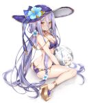  1girl :t anklet ass ball bare_arms bare_shoulders beachball bikini bow braid flower hair_between_eyes hat hat_bow hat_flower hattori_masaki hibiscus high_heels highres jewelry lavender_hair long_hair looking_at_viewer looking_back low_twintails orange_eyes pout purple_bikini purple_headwear sennen_sensou_aigis simple_background sitting solo sun_hat swimsuit thighs twintails very_long_hair wariza white_background 