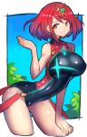  1girl bangs bent_over black_swimsuit breasts cowboy_shot dakusuta grin highres homura_(xenoblade_2) large_breasts one-piece_swimsuit red_eyes red_hair short_hair smile solo swept_bangs swimsuit tiara xenoblade_(series) xenoblade_2 