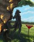  2020 4_toes anthro aurru barefoot black_body black_fur canid canine canis clothed clothing day detailed_background digital_media_(artwork) digitigrade eyebrows eyelashes fire fur green_eyes hi_res loincloth male mammal outside sky solo toes topless tree wolf 