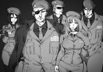  bandana bangs breasts clark_still eyepatch glasses heidern hohehohe ikari_warriors jacket jacket_on_shoulders leona_heidern long_hair medal military military_uniform monochrome multiple_persona necktie ralf_jones skirt soldier the_king_of_fighters thighs uniform whip whip_(kof) 