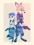  2020 3:4 anthro bad_trigger_discipline border bulletproof_vest canid canine capcom clothed clothing disney duo ears_down fox fully_clothed fur gradient_background green_eyes grey_body grey_fur hat headgear headwear hi_res holding_gun holding_object holding_weapon judy_hopps lagomorph leporid mammal mochicco nick_wilde orange_body orange_fur pivoted_ears police_uniform purple_eyes rabbit red_fox resident_evil simple_background smile standing uniform video_games weapon white_border zootopia 