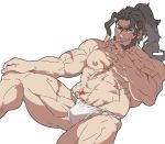  1boy abs bara beard brown_eyes brown_hair bulge chest collarbone facial_hair fundoshi granblue_fantasy japanese_clothes jin_(granblue_fantasy) long_hair looking_at_viewer male_focus muscle nipples pectorals ponytail rybiokaoru scar shirtless solo thick_thighs thighs 