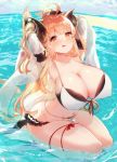  1girl :p ahoge anila_(granblue_fantasy) armpits arms_up bangs beach bikini blonde_hair blush breasts draph granblue_fantasy hato_haru highres horns huge_breasts long_hair looking_at_viewer navel ocean open_mouth sheep_horns sky smile solo swimsuit tongue tongue_out white_bikini yellow_eyes 