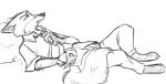  2016 anthro barefoot bottomwear canid canine clothing disney fox iji male mammal monochrome nick_wilde pants reclining red_fox shirt simple_background solo topwear white_background zootopia 
