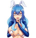  1girl animal_ears bandeau blue-framed_eyewear blue_eyes blue_hair blush breasts bunny_ears choker cleavage commission commissioner_upload dootmoon eyebrows_visible_through_hair fake_animal_ears freckles glasses hair_between_eyes hairband heart heart_choker highres large_breasts long_hair long_sleeves looking_at_viewer meme_attire multicolored_hair original parted_lips reverse_bunnysuit reverse_outfit saliva saliva_trail self_fondle shrug_(clothing) sidelocks skin_tight smile solo tongue tongue_out two-tone_hair upper_body upper_teeth v v_over_mouth wavy_hair 