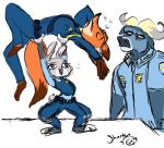 2016 anthro barefoot bottomwear bovid bovine canid canine cape_buffalo carrying chief_bogo clothed clothing disney fox fully_clothed fur glowin-theshark grey_body grey_fur group horn judy_hopps lagomorph leporid lifting mammal necktie nick_wilde open_mouth open_smile orange_body orange_fur pants police_uniform rabbit red_fox shirt simple_background smile sparkles standing topwear uniform white_background zootopia 